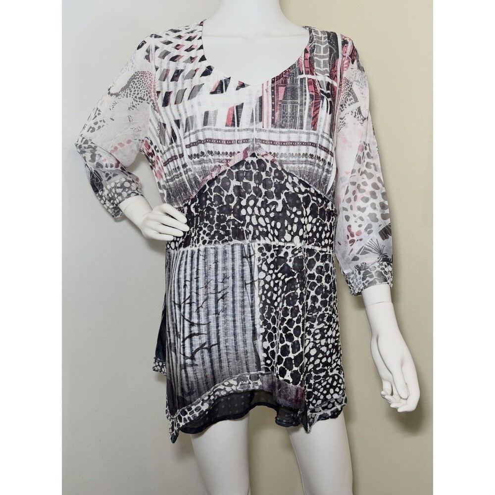 Rachel Cole XL Lagenlook Patchwork Animal Print Sharkbite Tunic Top Artsy